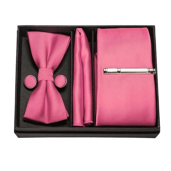 Mens 5 Piece Tie + Bow Tie + Pocket Square + Cufflinks + Clip Satin Pink - Picture 3 of 5